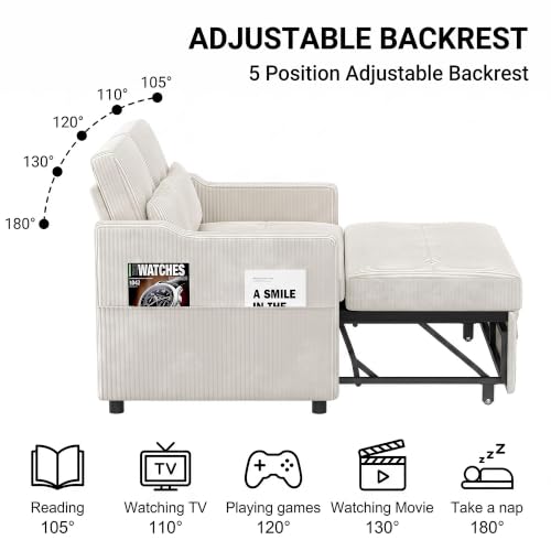 Image of 51.6 inch 3-in-1 Convertible Sleeper Sofa Bed, Pull Out Loveseat Couch with 5-Position Adjustable Backrest, USB & Type-C Ports, Side Storage Pockets, Corduroy Sofa Bed for Small Spaces