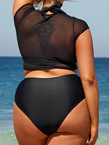 Cupshe Women Swimsuit Plus Size Bikini Set Three Piece High Waisted Sheer Mesh Top Halter Ruched Bottom, 0X Black #TOP1