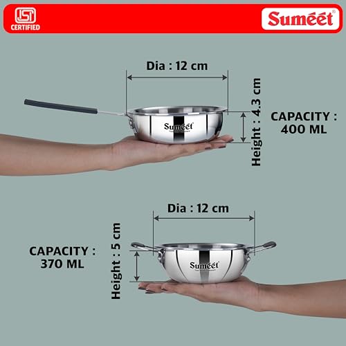 Image of Sumeet Cook Smart ISI Certified Tri-Ply (Steel - Aluminium - Steel) Set of 2 Pcs Mini Kadai 370ml - FryingTadka Pan 400ml with Silicon Grip | Induction and Gas Friendly | 2.5mm Thick, Silver