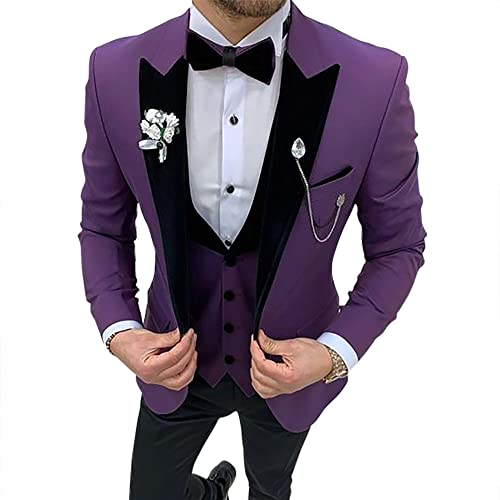 Elegant 3 Pieces Mens Slim Fit Wedding Suit Dress Dinner Suits Tuxedoes Blazer Vest Pants Evening Dress Purple