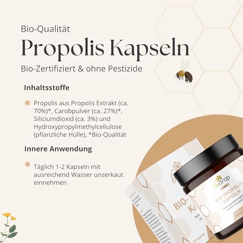 bedrop Bio Propolis Kapseln 800mg pro Kapsel hochdosiert - 60 Propolis Extrakt Kapseln aus Bio Imkerei - Reich an Polyphenolen & Flavonoiden - In nachhaltiger Glas Verpackung