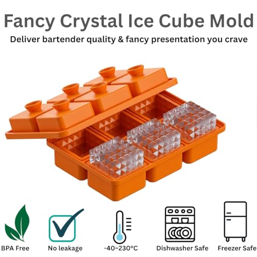 Image of Premium Large 3D Crystal Square Ice Cube Tray, Silicone Molds for Chilling Drinks, Chocolates, Juice, Jelly and Many More (Orange)