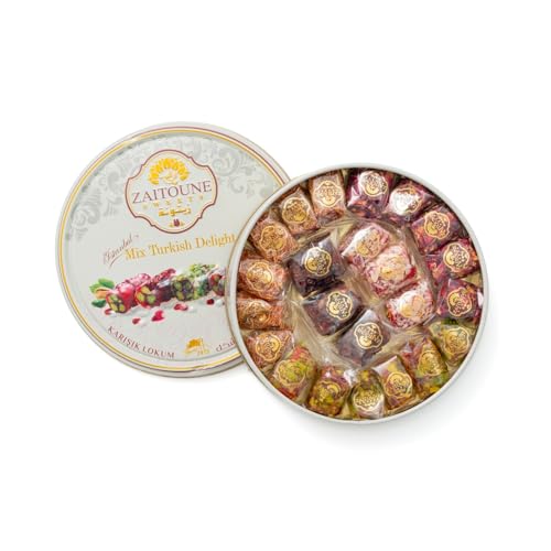 Zaitoune Turkish Delight Mix - 250 g | Luxury Assortment with Pomegranate, Pistachio & Rose Presented in a Beautiful Gift Tin | Authentic Lokum Sweets | Handmade in Turkey & Traditional Recipe