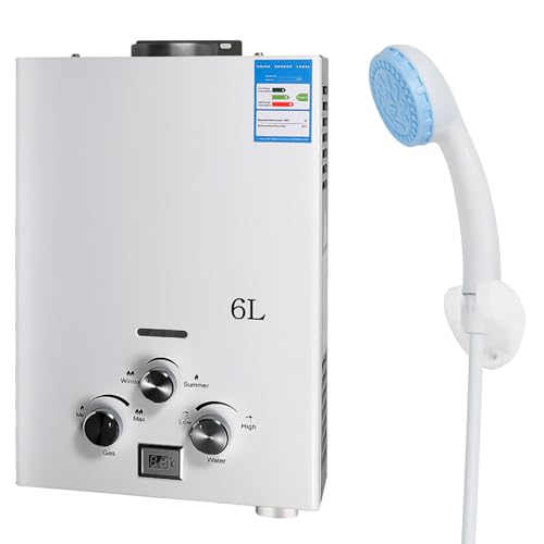 Calentador de agua a gas, calentador de agua de gas propano GLP 6L con kit de ducha con modos de invierno y verano, calentador de agua instantáneo sin depósito 16kw, para el hogar y el exterior (C)