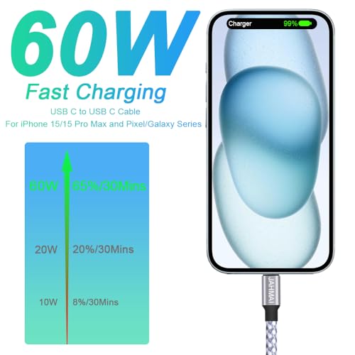 USB C Cable, Braided USB C to Type C Charger Fast Charging 6ft 3Pack 60W Safe Certified Quick Data Sync Cord for iPhone 15/ 15 Pro/ 15 Plus/15 Pro Max/iPad Mini 6 Pro/Air 4/5/Galaxy S24/23/22/Note 20