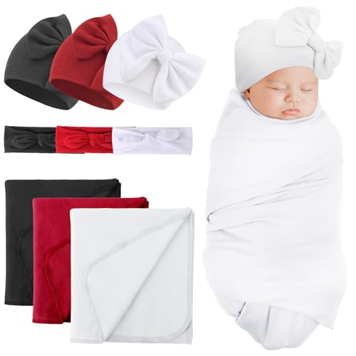 Image of BQUBO 3 Sets Receiving Blanket with Bow Hat and Bow Headband for Newborn Baby Girls Boys Solid Color Baby Shower Swaddle Gift