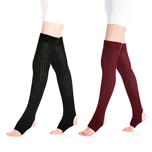 Glenmearl Women Stirrup Leg Warmers With Heel Hole, Girls Knee High Knitted Warm Legwarmers, Kawaii Boot Stockings For Ballet Yoga Dance, Retro 80S Accessories For Women 27In (Black&Wine) #TOP10