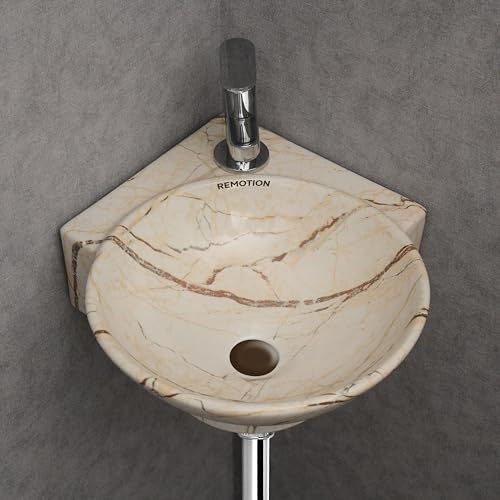 Image of REMOTION Wall Mounted Wash Basin for Bathroom | Wall Hung Corner Sink | Ceramic Round Wall Hung Wash Basin | Wall Hung Small Corner Basin (16.3 x 13.8 x 4.3 Inch) (Designer Beige Maroon)