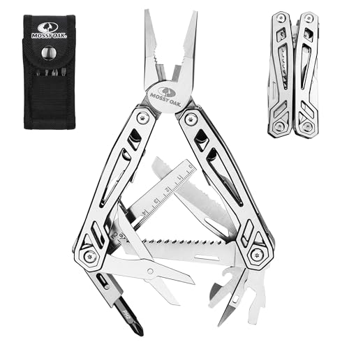 Mossy Oak 22-in-1 Multi-Tool Pliers Includes Carry Bag | Stainless Steel Multifunctional Tool Featuring A Wire Cutter, Bottle Opener, and Screwdriver| Perfect for Camping and Maintenance | Metallic