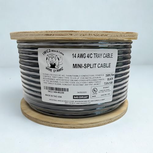 14 AWG 4-Conductor Mini-Split Cable 250 FT (Black) 600V 100% Copper UL Listed Indoor/Outdoor Made in USA