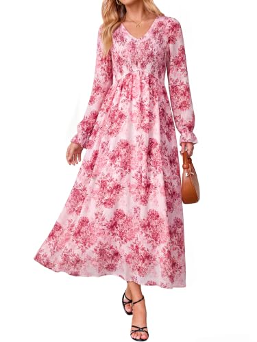 Simplee Womens Long Sleeve Boho Floral Wedding Guest Chiffon Maxi Dress,Pink XXL