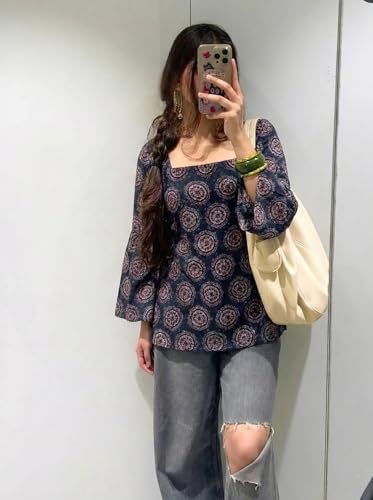 Image of ANNI Designer Women's Viscose Blend Printed Short Kurti | Straight Fit Casual Ethnic Top | Square Neck Full Sleeve Kurta Office College