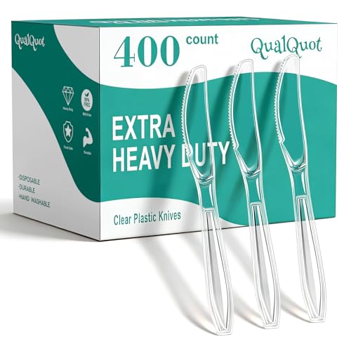 QualQuot 400 Count Heavy Duty Clear Plastic Knives Solid and Durable Disposable Knives BPA-Free and Heat Resistant Premium Disposable Knive for Daily Use and Party