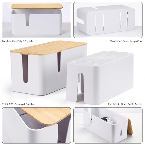 Image of ZhiYo 2 Pack Cable Management Box, Large & XL, Power Strip Organizer, White | Extra-Tall Design for Oversized Adapters, Fits Power Strips Up to 13.4 inch Long, Natural Bamboo Lid, Ideal for Desks, TV Areas