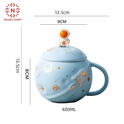Image of NOSCOMP Astronaut Coffee Mug with Lid & Spoon | 400ml Ceramic | Embossed Planet & Galaxy Design | Leak-Proof | Gift for Space Lovers | Light Blue
