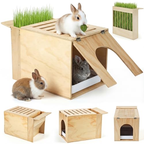 2-in-1 Large Wooden Rabbit Litter Box with Hay Feeder