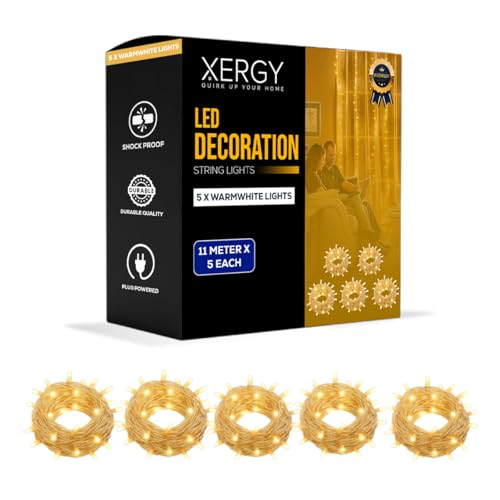 Image of XERGY LED String Ladi Lights- Decorative Fairy Lights for Indoor & Outdoor Use - Ideal for Diwali, Christmas, Parties, Garden & Home Decor-Warm White (Pack of 5 - 11M Each)