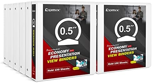 Comix Standard 1/2 inch Round Ring View Binder, Basic 3 Ring Binder 100-Sheet Capacity, Fit 8.5" x 11" Paper, 12 Pack(White)