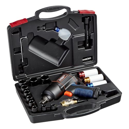WS24 Druckluft Schlagschrauber Set 20teilig, 1/2 Zoll inkl. Steckschlüsseleinsätze und 125mm Verlängerung im praktischen Transportkoffer