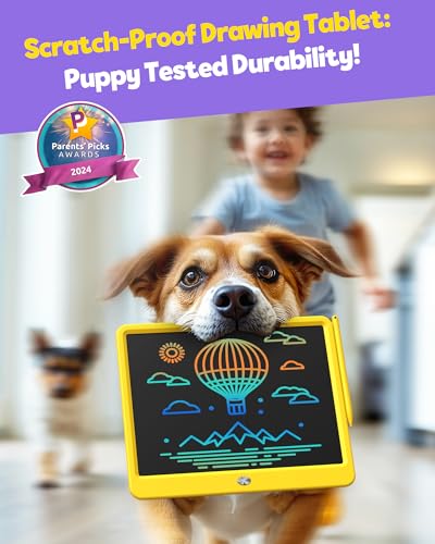 Image of TEKFUN 12 Inch LCD Writing Tablet for Kids, Coloring Drawing Pad, Mess Free Doodle Board, Airplane Travel Toys for Boys and Toddlers, Road Trip Essentials, Gifts for 3-8 Year Old Girls (Yellow)