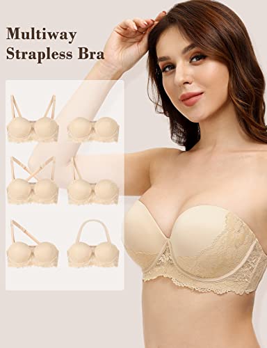 Women's Clear Back Strapless Super Padded Push Up Lace Bra Convertible Straps Underwire Lift Up Bras #TOP2