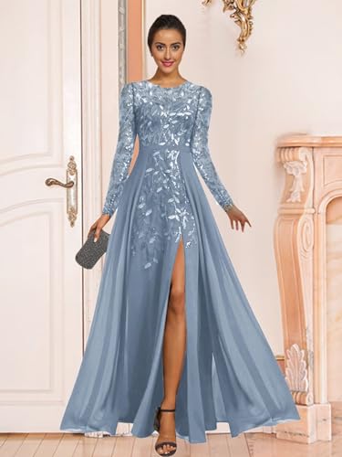 Sparkly Sequin Mother of The Bride Dresses for Wedding Long Chiffon Formal Evening Gown with Sleeves4