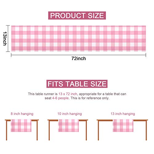 Yuboo Buffalo Plaid Table Runner, Classic Checkered Farmhouse Tabletop Collection, Waterproof Gingham Table Runner For Kitchen Dining, Banquet, Wedding, Outdoor Use, 13W X 72L, Pink And White, 1 Piece #TOP5