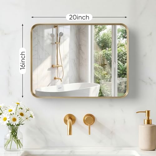 Image of NEWBULIG 16X20 Inch Bathroom Mirror for Over Sink, Wall Vanity Mirrors Tempered Glass, Anti-Rust Metal Framed Rounded Rectangle, Hangs Horizontally or Vertically, Farmhouse Home Decor, Gold