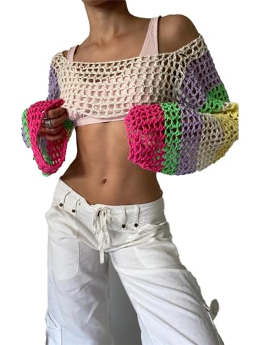 Image of hathne Women's Crochet Crop Top Shrug Y2K Hollow Out Mesh Knit Long Sleeve Sweater, Sexy Beach Bikini Cover Up