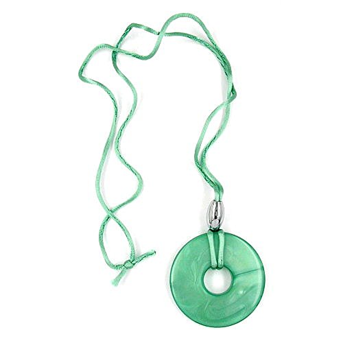 Collier pour femme disque 53 soie vert argent 90 cm, bijoux tissu