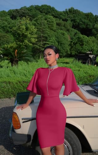 Image of Memoriesea Women's Basic Bodycon Ruffle Flared Short Sleeve Pencil Midi Dress