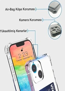Ehr. iPhone 15 Compatible Camera Protected Card Holder Corners Airbag Design Anti-Shock Transparent Silicone Case (Purple, iPhone 15)