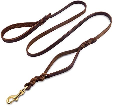 Wellbro Leather Double Handle Dog Leash-1.8cm Width by 6ft Length, Braided Training Lead with Traffic Handle, Easy Control and Heavy Duty