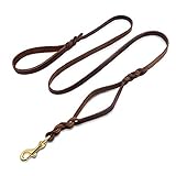 Wellbro Leather Double Handle Dog Leash-1.8cm Width by 6ft Length, Braided Training Lead with Traffic Handle, Easy Control and Heavy Duty