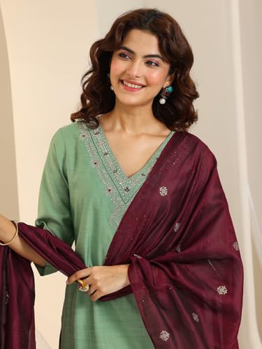 Image of Libas Green Yoke Design Silk blend Straight Kurta set for Women | daily wear suit