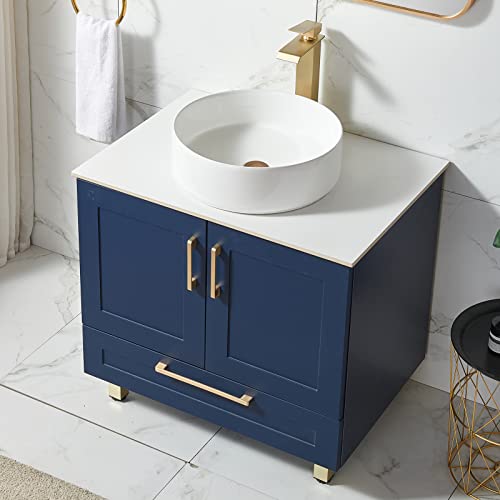 Popity 30”Bathroom Vanity With Sink Combo, Bathroom Cabinet With Round Vessel Sink Basin Top, Blue Storage Cabinets With Golden Stainless Steel Handles,Bath Sink Vanity With 2 Doors 1 Drawer #TOP4