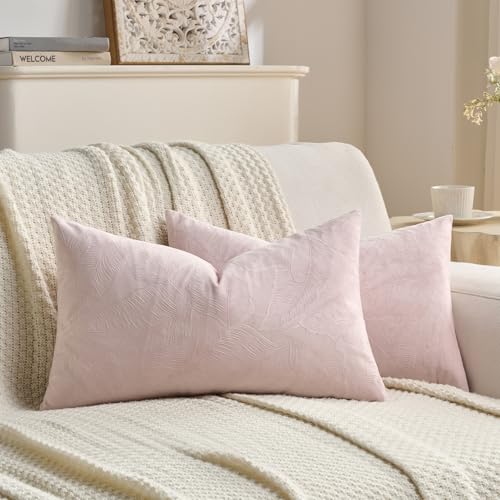 Image of FUTEI Pack of 2 Velvet Throw Pillow Covers 12x20 Inch Soft Embossed Leaf-Relief Textured Decorative Lumbar Pillowcases Modern Natural Farmhouse Accent for Couch Bed Living Room, Pink
