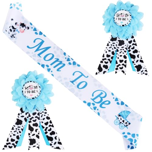 Balterever Cow Mom To Be & Dad to Be Corsage Pin Set Blue Cow Baby Shower Favors for Boys Include Cow Maternity Sash Cow Mom to Be Sash for Pregnancy Photo Props Maternity Photography