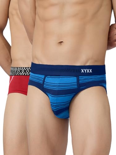 XYXX Men's Super Combed Cotton Regular Fit Briefs with No Marks Waistband| Pacific Blue+Rio Red | XL