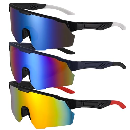 3 Stück Schnelle Brille Herren Fahrradbrille UV 400 Sportbrille Sport Sonnenbrille Laufbrille MTB Fahrrad Brillen für Herren Damen Rennrad Fahrrad Ski Rave Golf Outdooraktivitäten grün blau lila