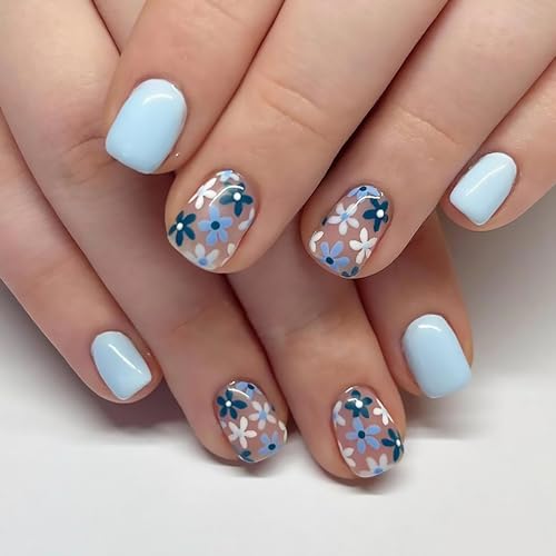 Blue Flowers Press on Nails Square Short Fake Nails Spring Light ...