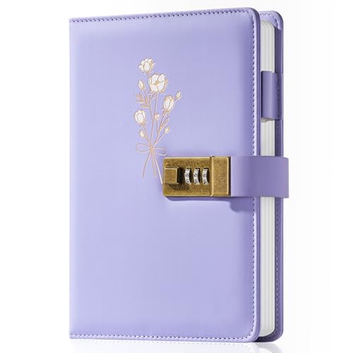 Ovesmusl Diary with Lock for Girls A5 Leather Diary for Women 260 Pages 100 GSM Refillable Journal with Lock for Teens Secrets Flower Journals with Combination Passwords, 5.7