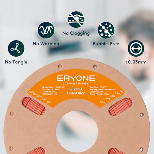 Image of ERYONE Silk Dual Color PLA Filament 3D Printer 1.75mm + /- 0.03mm, Bicolor Filament Two Tone PLA 1KG(2.2lbs) Cardboard Spool, Gold Copper