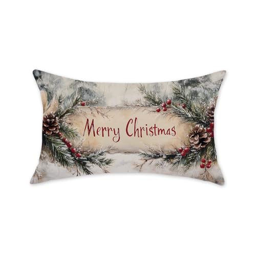 ONWAY Christmas Throw Pillow Cover 12x20 Inch Red Merry Christmas Decorative Lumbar Cushion Case Pine Cones Berries Winter Holiday Accent for Home Sofa Couch Bed