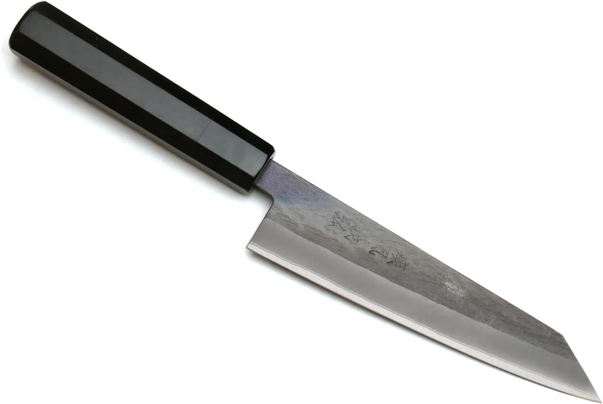 Yoshihiro Kurouchi Black-Forged High Carbon Blue Steel Stainless Clad Petty-Kiritsuke Utility Knife Ebony Handle (6"(150mm) & No Saya)