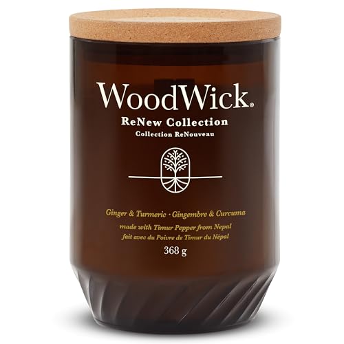 WoodWick ReNew Candela profumata con stoppino scoppiettante | Candela grande di Ginger & Turmeric | Cera di cocco e soia a base vegetale | Materiali riciclati | Perfetta idea regalo per Donna