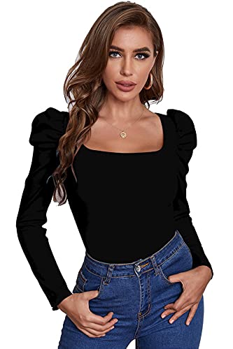 Vaghani Black Solid Square Neck Puff Sleeve Slim Fit Top for Womens & Girls