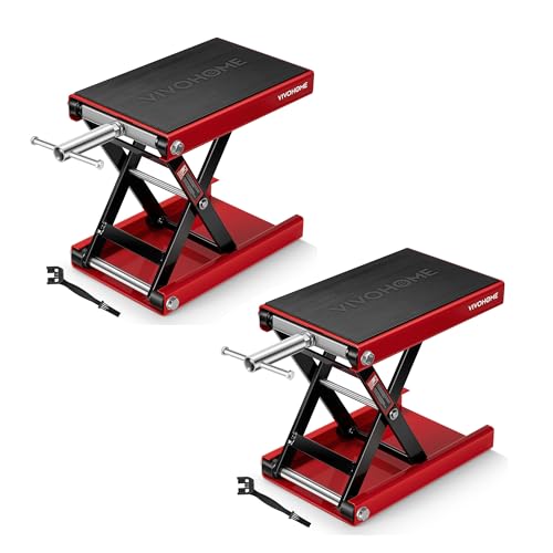 Image of VIVOHOME 1100 LBS Motorcycle Lift Scissor Jack, Wide Deck Hoist Stand, Height Adjustable Center Stand with Crank, Steel Lift for Cruiser, Dirt Bike, ATV - Red 2 Pack