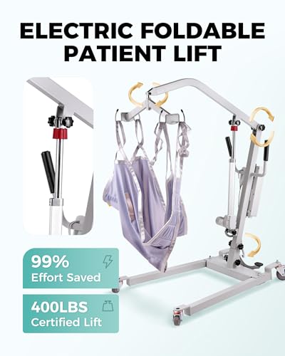 VNN Electric Patient Lift - Foldable Transfer Lift for Home Use, Floor & Fall Elderly Chair Lift, 400lb Weight Capacity with U-Sling, Hydraulic Full Body Transfer for Home, White, Installation Free