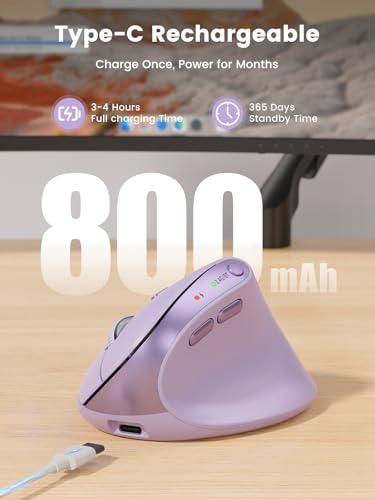 Image of SABLUTE Ergonomic Mouse, Rechargeable Wireless Vertical Mouse with 4 Adjustable DPI Options, Dual-Device Connectvity for Computer /PC /Laptop,Bluetooth Mouse for Window,Mac OS,Purple